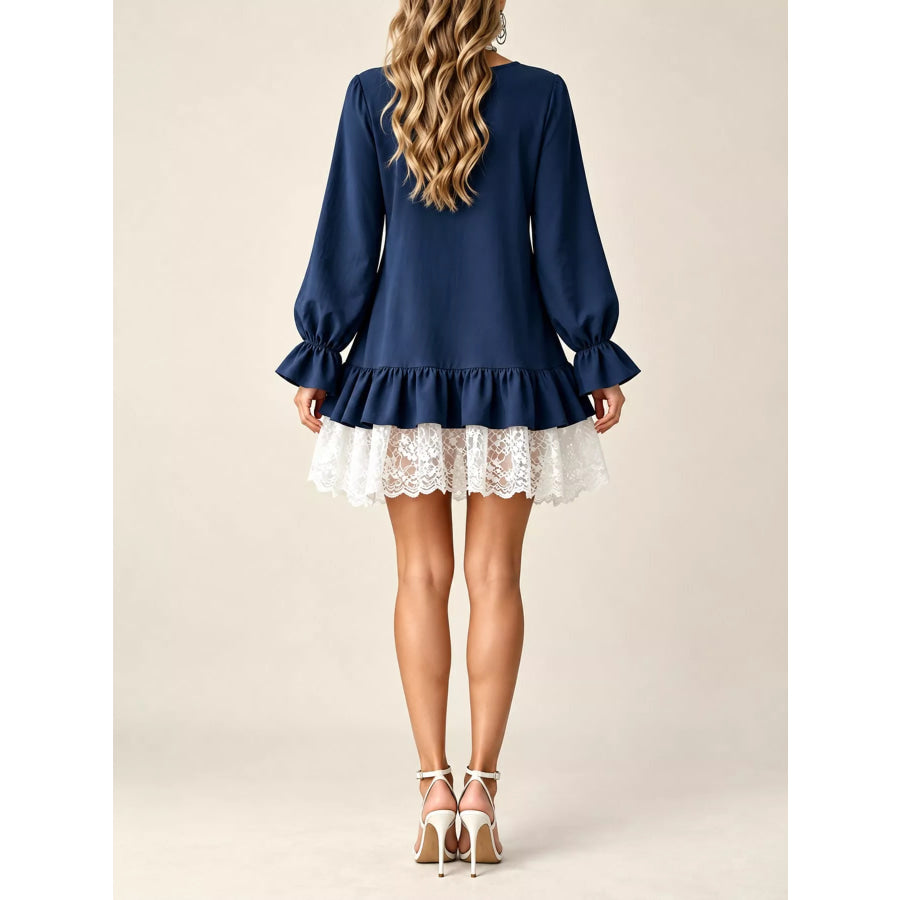 Lace Hem V-Neck Flounce Sleeve Dress Apparel and Accessories
