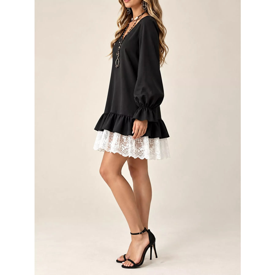 Lace Hem V-Neck Flounce Sleeve Dress Apparel and Accessories