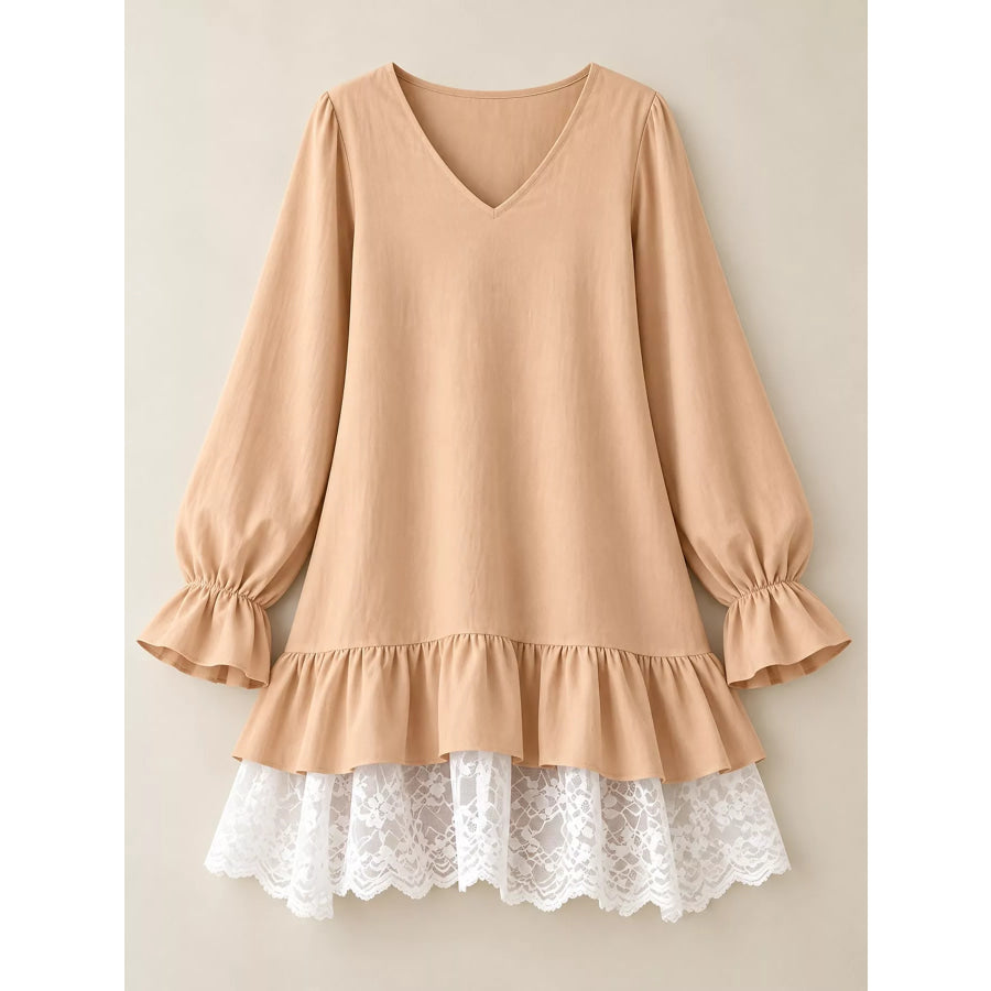 Lace Hem V-Neck Flounce Sleeve Dress Apparel and Accessories