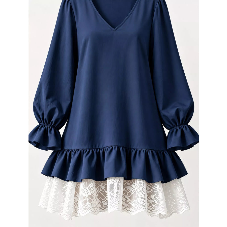Lace Hem V-Neck Flounce Sleeve Dress Apparel and Accessories