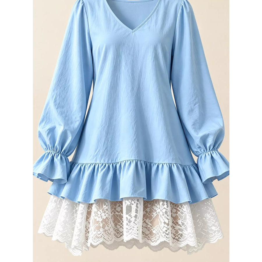 Lace Hem V-Neck Flounce Sleeve Dress Apparel and Accessories