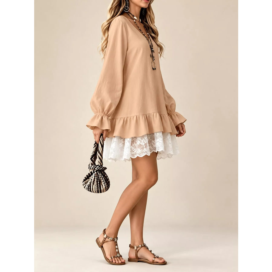 Lace Hem V-Neck Flounce Sleeve Dress Apparel and Accessories