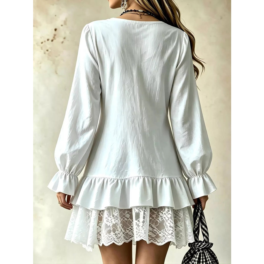 Lace Hem V-Neck Flounce Sleeve Dress Apparel and Accessories
