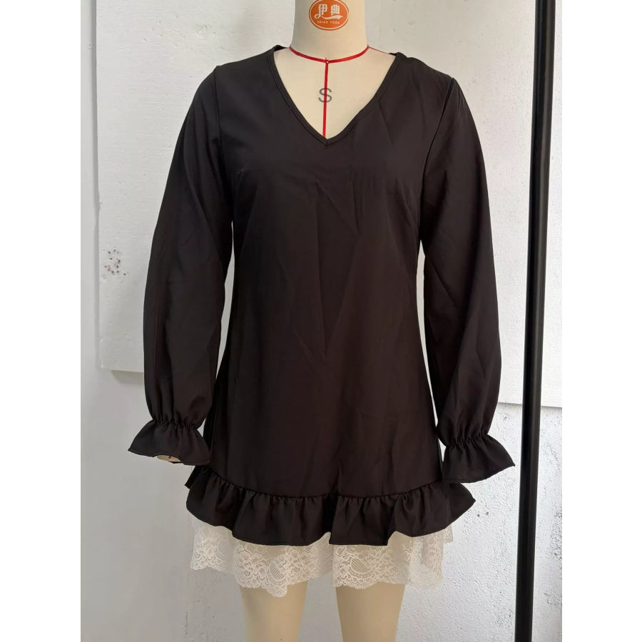 Lace Hem V-Neck Flounce Sleeve Dress Apparel and Accessories
