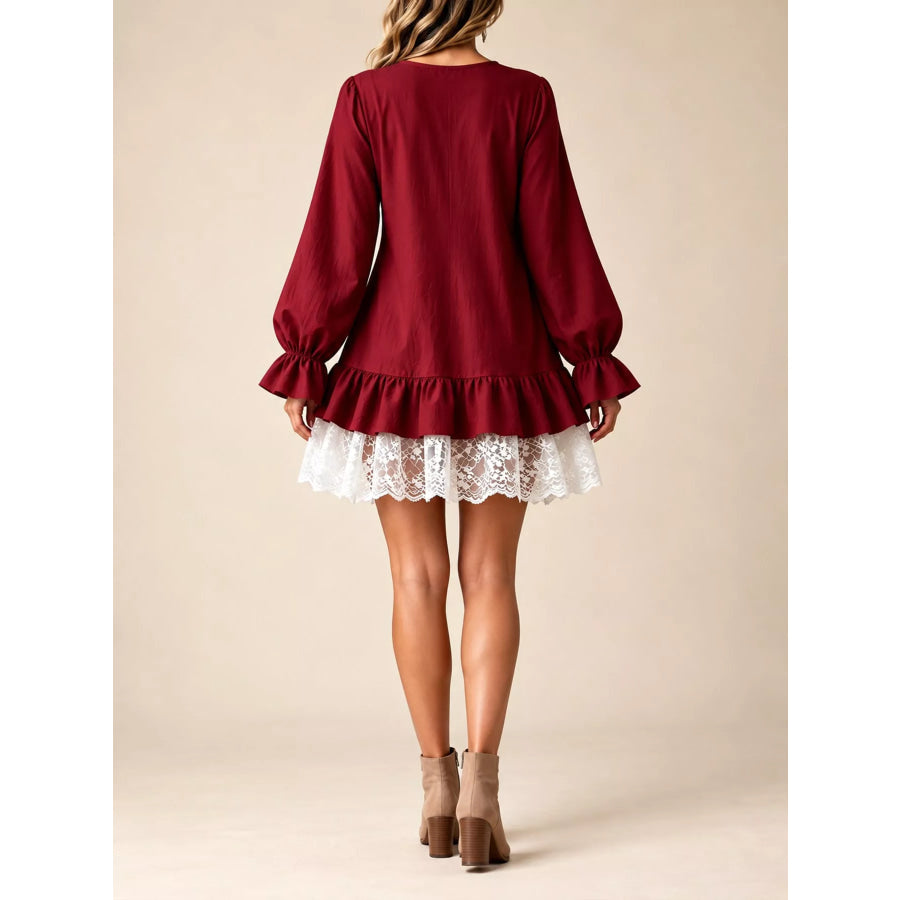 Lace Hem V-Neck Flounce Sleeve Dress Apparel and Accessories