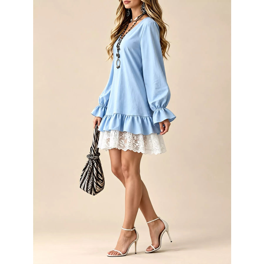 Lace Hem V-Neck Flounce Sleeve Dress Apparel and Accessories
