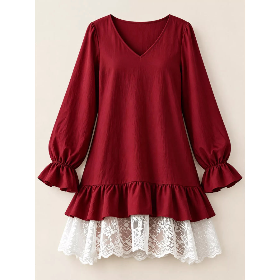 Lace Hem V-Neck Flounce Sleeve Dress Apparel and Accessories