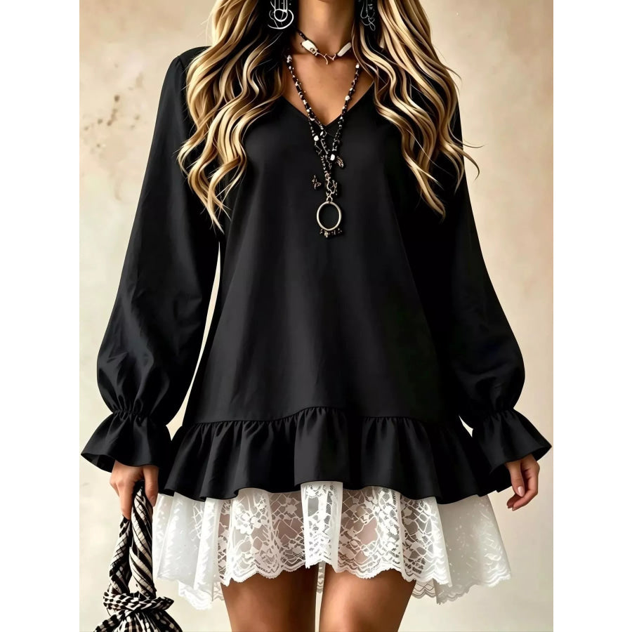 Lace Hem V-Neck Flounce Sleeve Dress Black / S Apparel and Accessories