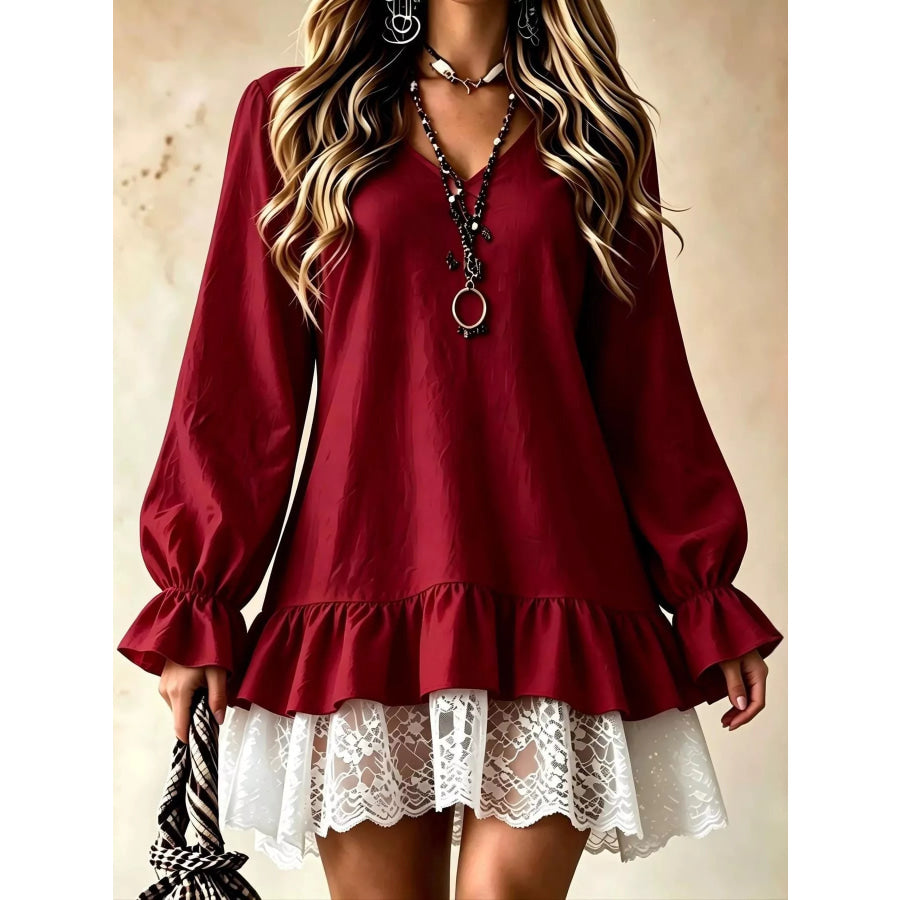 Lace Hem V-Neck Flounce Sleeve Dress Burgundy / S Apparel and Accessories