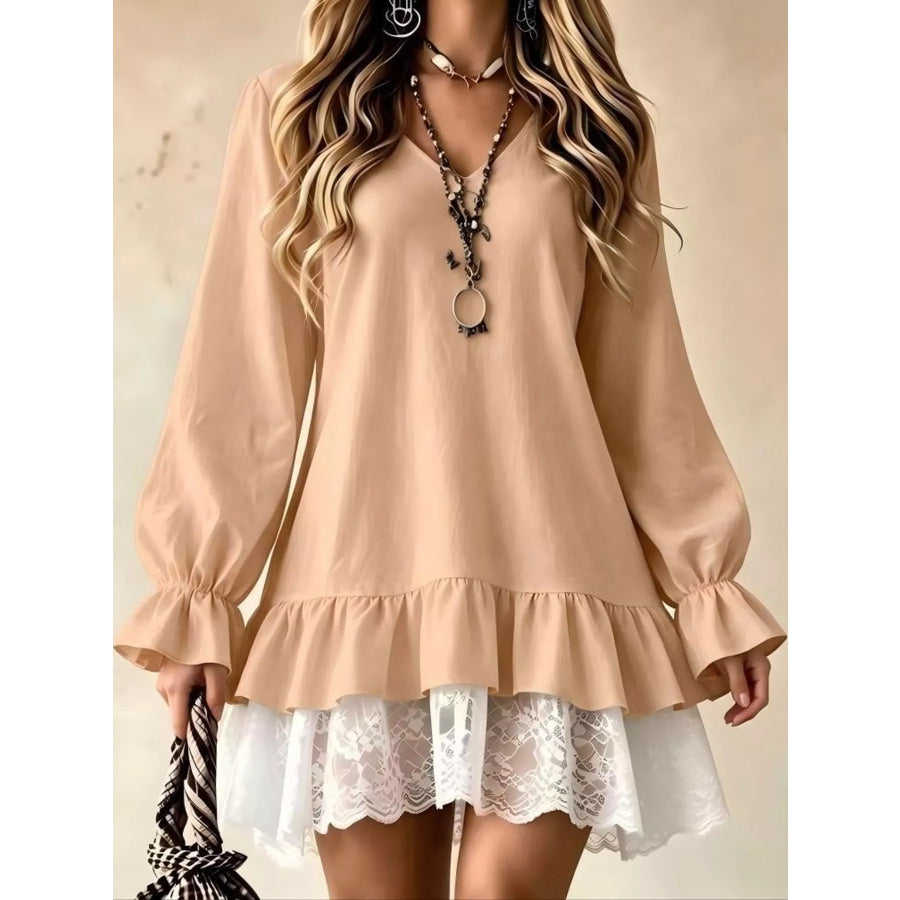 Lace Hem V-Neck Flounce Sleeve Dress Camel / S Apparel and Accessories