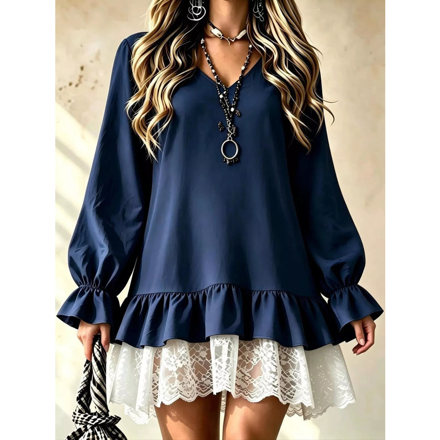 Lace Hem V-Neck Flounce Sleeve Dress Dark Blue / S Apparel and Accessories
