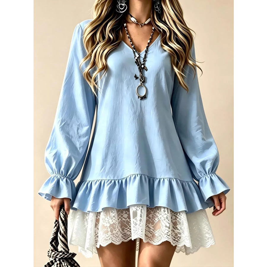 Lace Hem V-Neck Flounce Sleeve Dress Sky Blue / S Apparel and Accessories