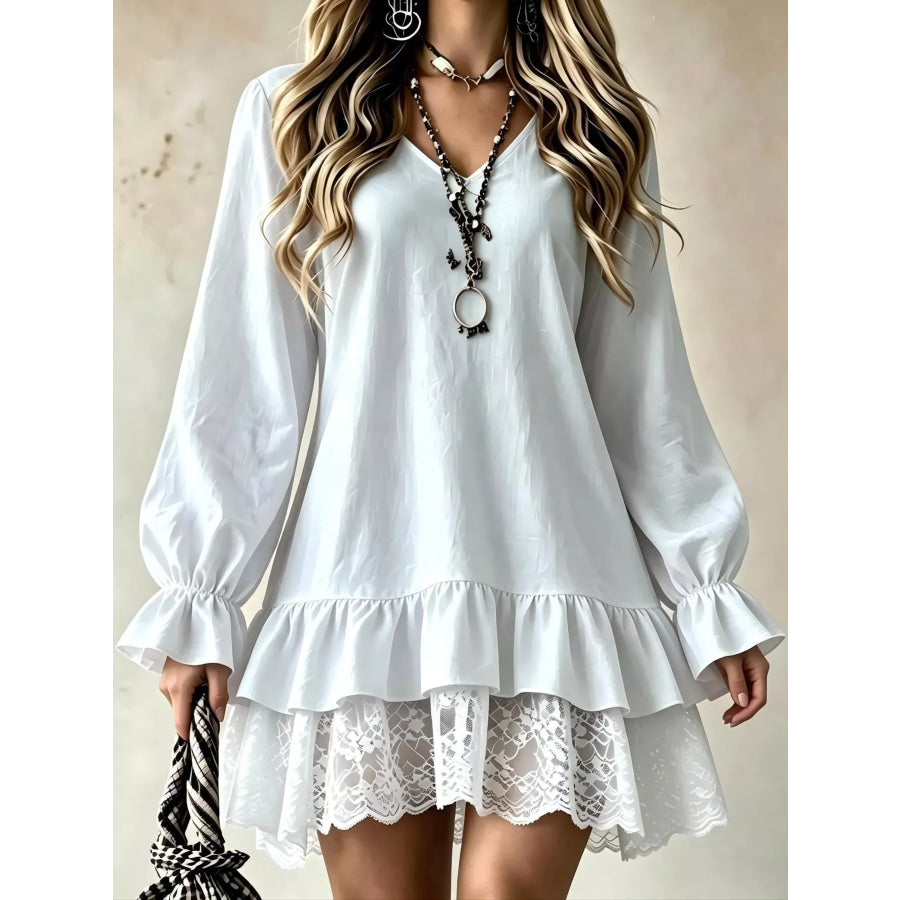 Lace Hem V-Neck Flounce Sleeve Dress White / S Apparel and Accessories