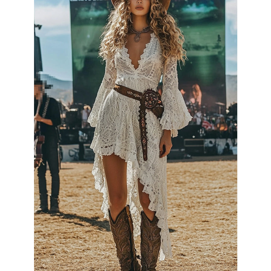 Lace High-Low V-Neck Dress White / XS Apparel and Accessories