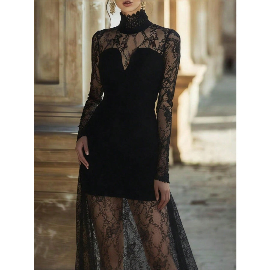 Lace High Neck Long Sleeve Maxi Dress Apparel and Accessories