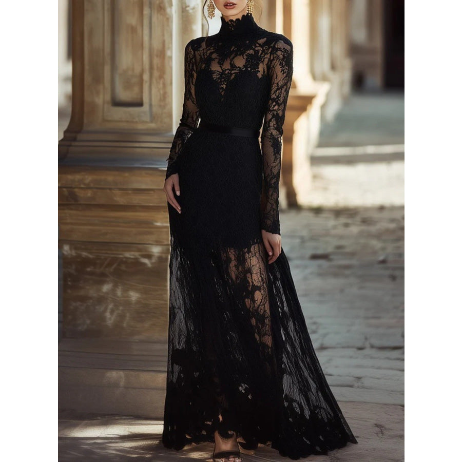 Lace High Neck Long Sleeve Maxi Dress Apparel and Accessories