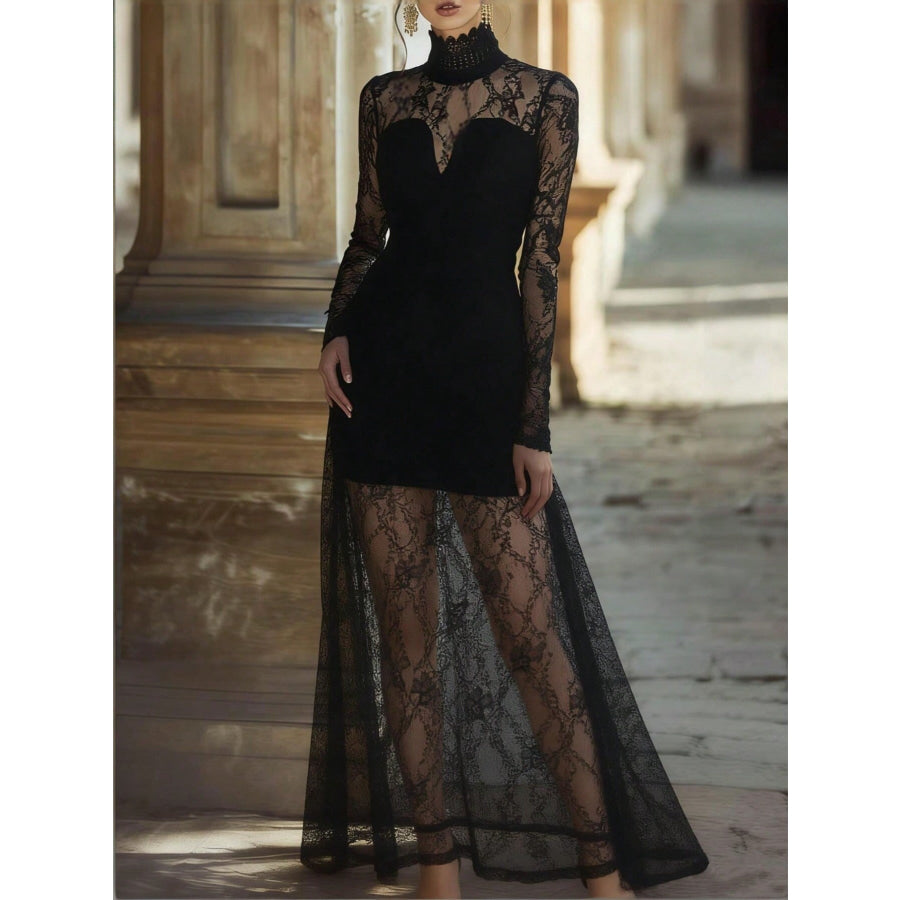 Lace High Neck Long Sleeve Maxi Dress Black / S Apparel and Accessories