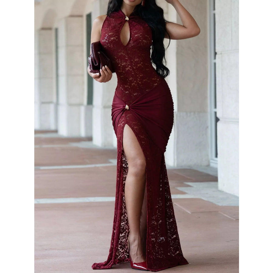 Lace Keyhole High-Slit Maxi Dress Burgundy / S Apparel and Accessories