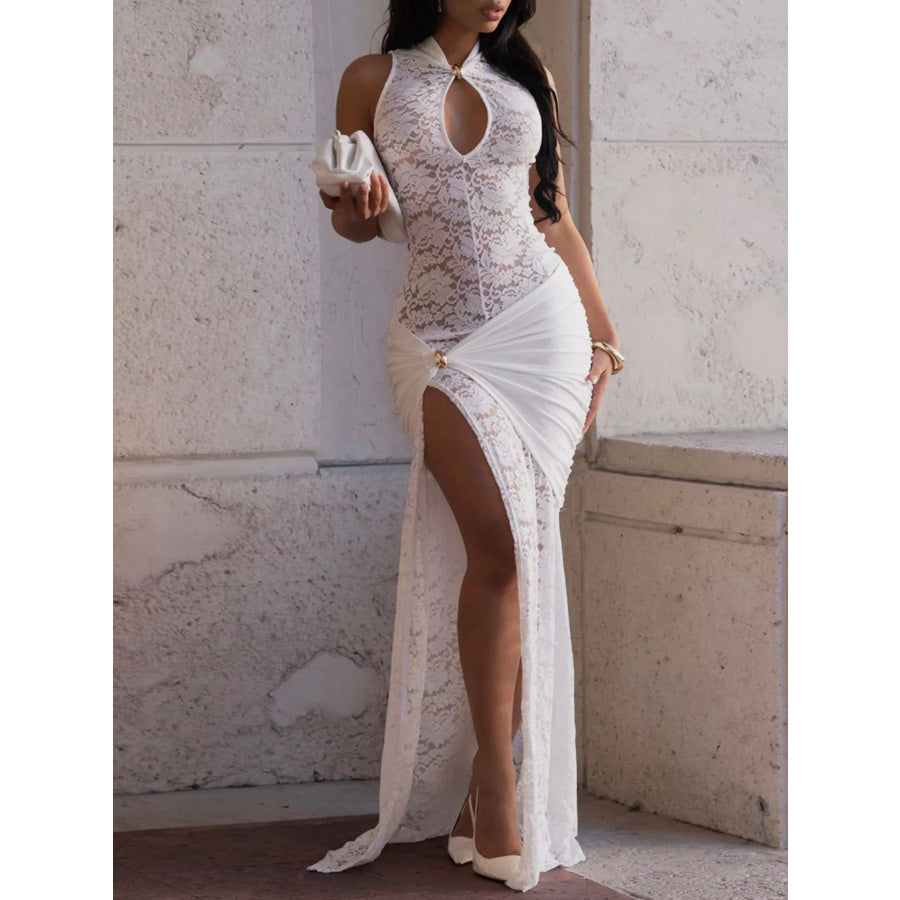 Lace Keyhole High-Slit Maxi Dress White / S Apparel and Accessories