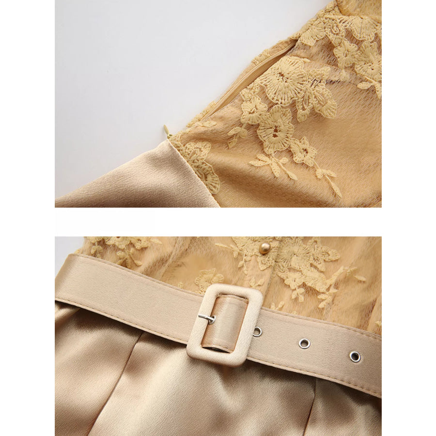 Lace Lantern Sleeve Belted Maxi Dress Apparel and Accessories