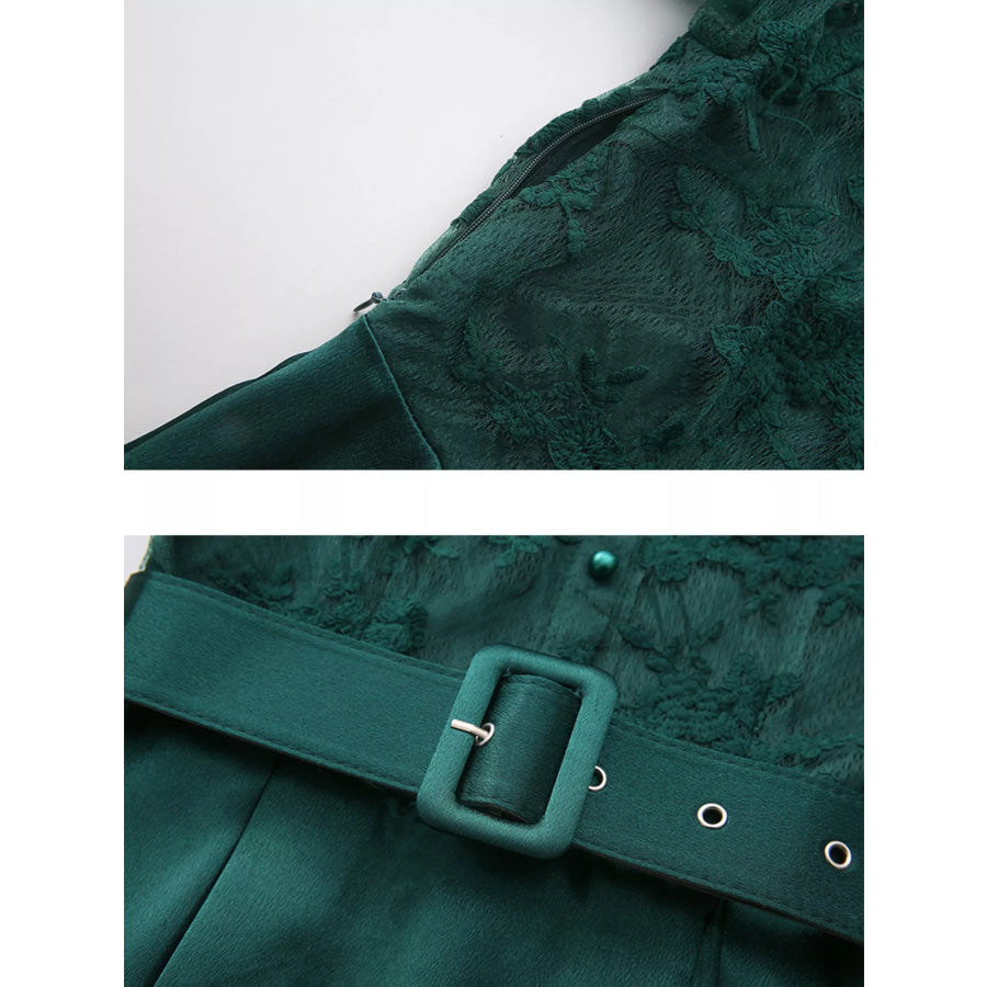 Lace Lantern Sleeve Belted Maxi Dress Apparel and Accessories