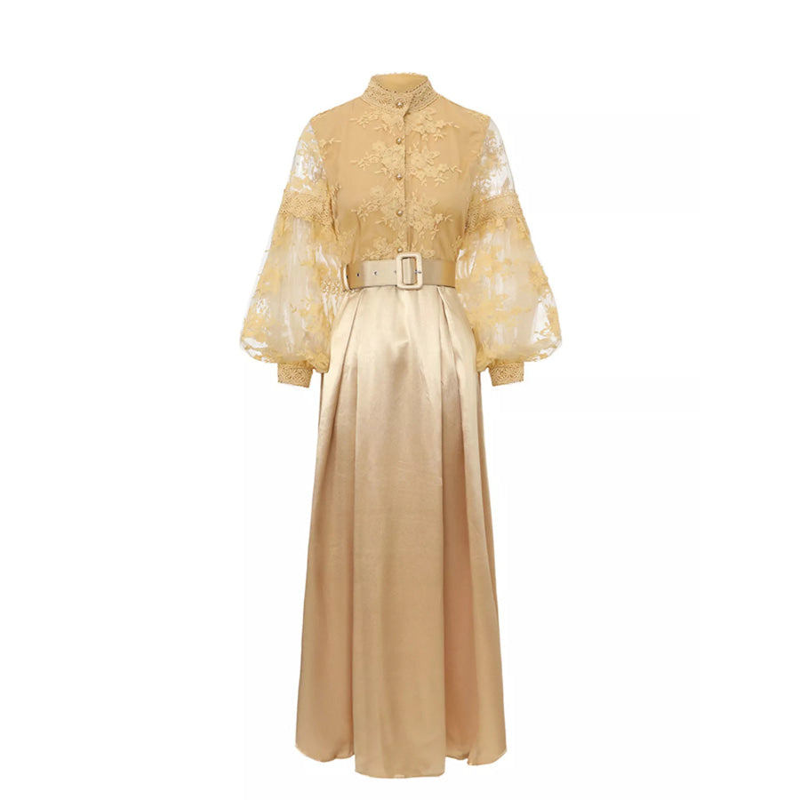 Lace Lantern Sleeve Belted Maxi Dress Gold / S Apparel and Accessories