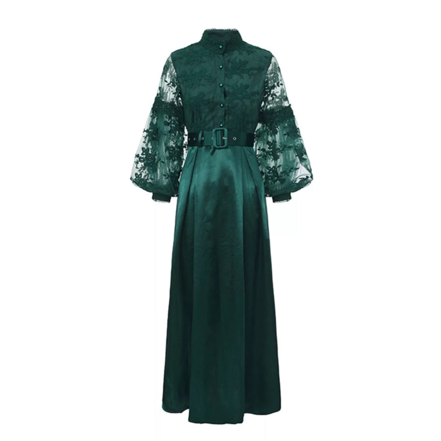 Lace Lantern Sleeve Belted Maxi Dress Green / S Apparel and Accessories