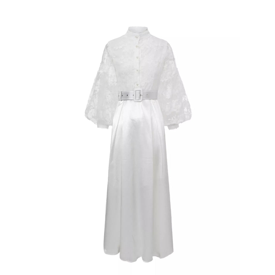 Lace Lantern Sleeve Belted Maxi Dress White / S Apparel and Accessories