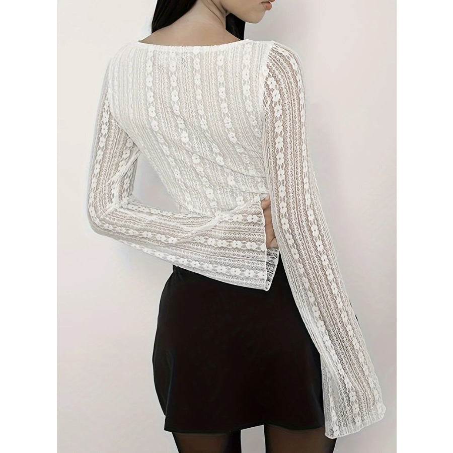 Lace Long Sleeve Blouse with Asymmetrical Hem White / S Apparel and Accessories