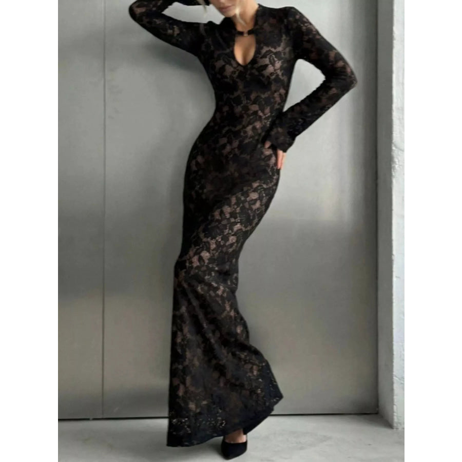 Lace Long-Sleeve Bodycon Maxi Dress Black / S Apparel and Accessories