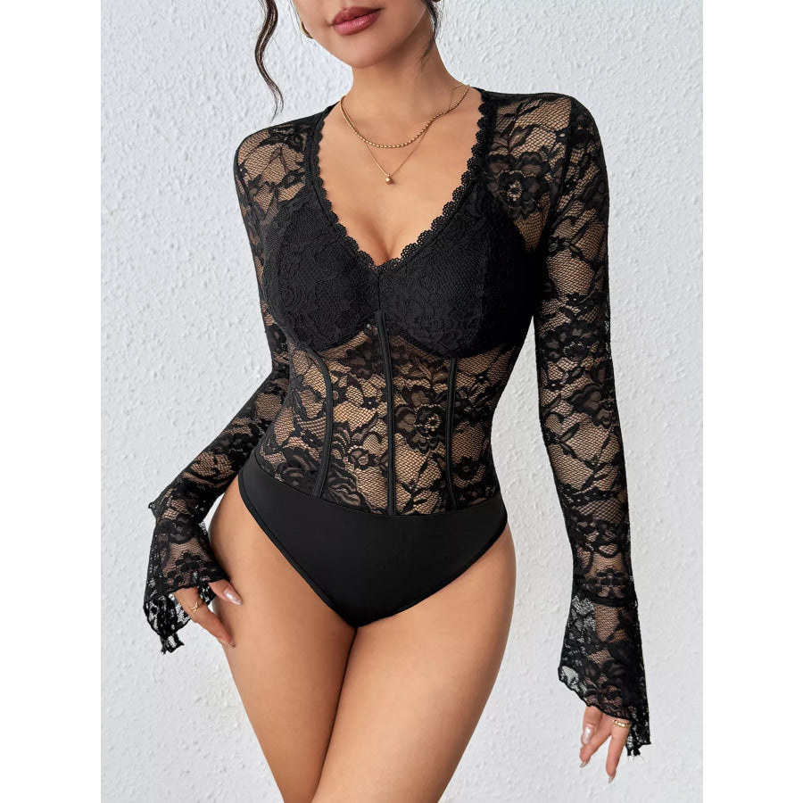 Lace Long Sleeve Bodysuit Black / S Apparel and Accessories