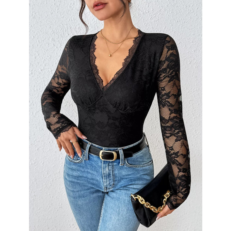 Lace Long Sleeve Bodysuit Black / S Apparel and Accessories