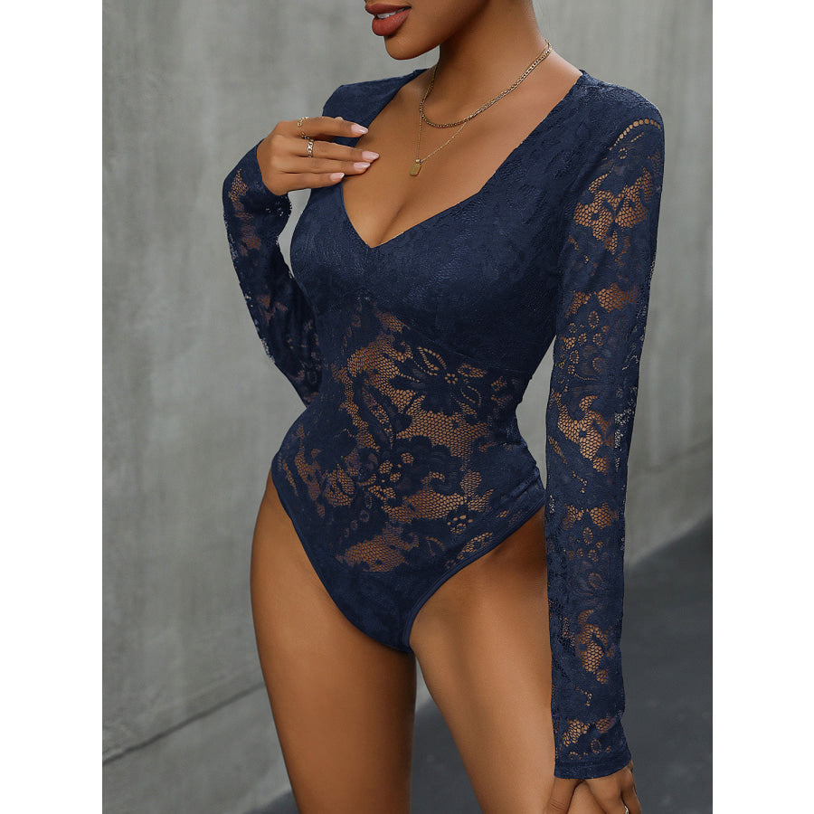 Lace Long Sleeve Bodysuit Navy / S Apparel and Accessories