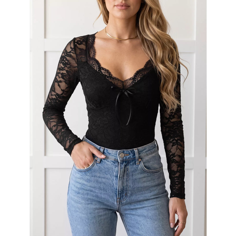 Lace Long Sleeve Bodysuit with Bow Detail Apparel and Accessories