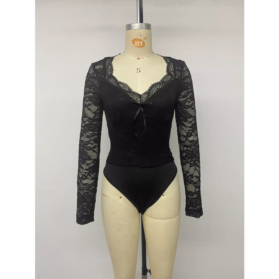 Lace Long Sleeve Bodysuit with Bow Detail Apparel and Accessories