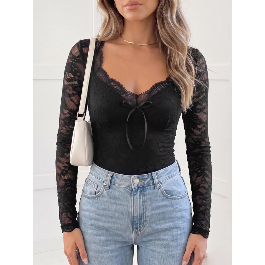 Lace Long Sleeve Bodysuit with Bow Detail Apparel and Accessories