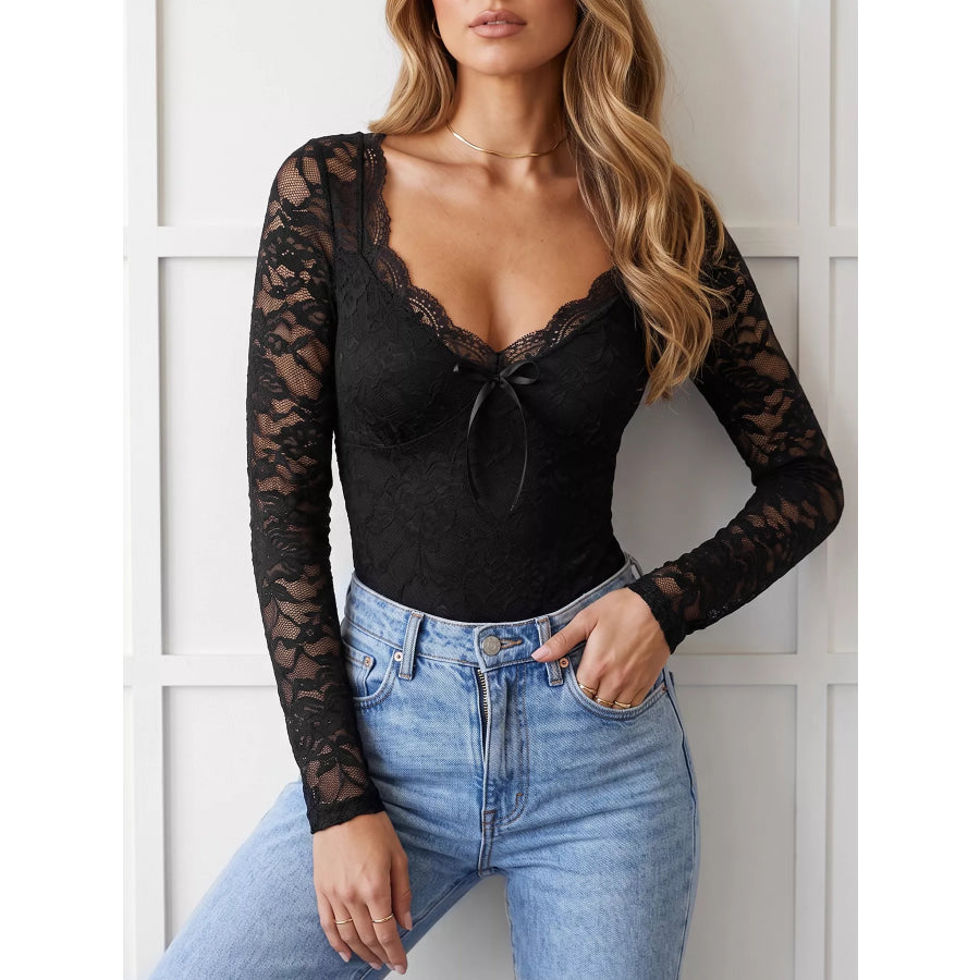 Lace Long Sleeve Bodysuit with Bow Detail Apparel and Accessories