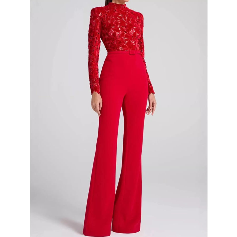 Lace Long-Sleeve Flare Jumpsuit Red / S Apparel and Accessories