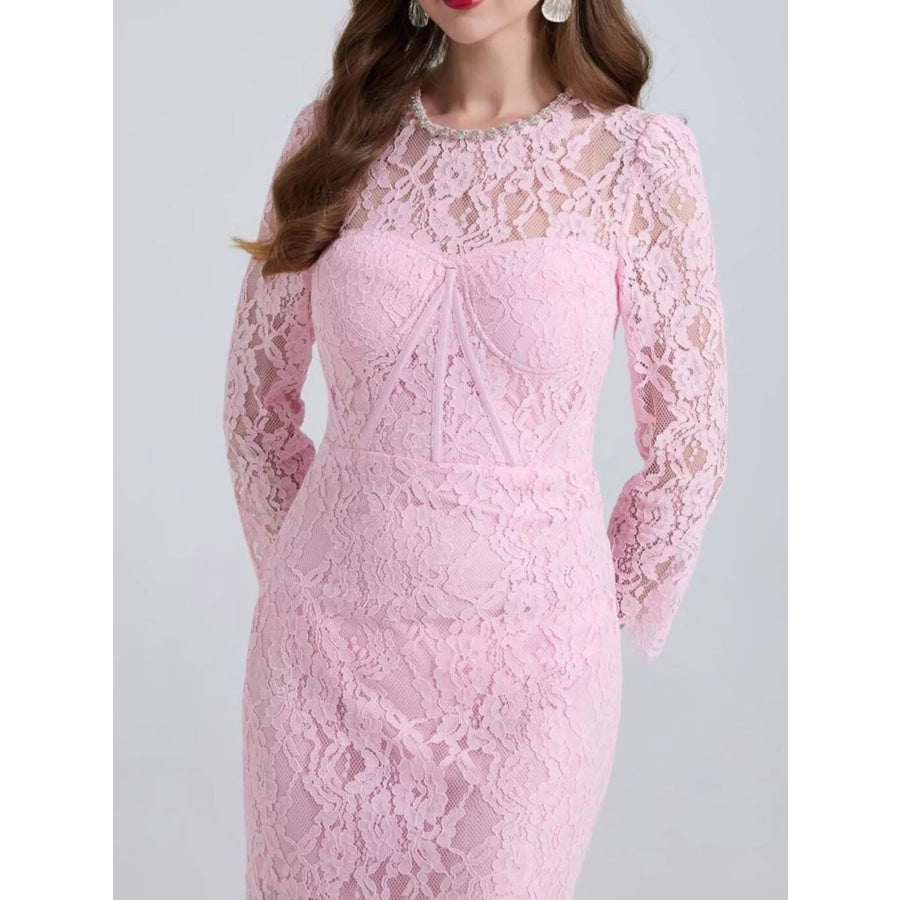 Lace Long Sleeve Midi Dress Pink / S Apparel and Accessories