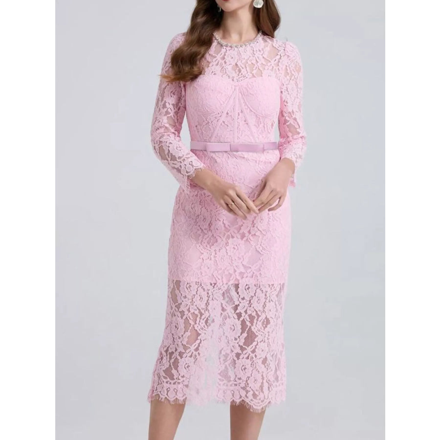 Lace Long Sleeve Midi Dress Pink / S Apparel and Accessories