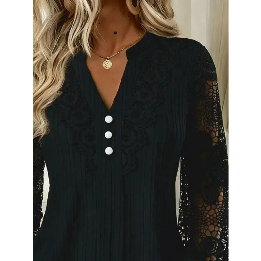 Lace Long Sleeve Notched Blouse Apparel and Accessories