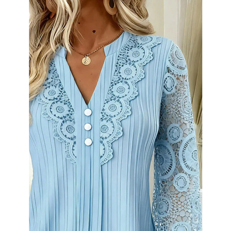 Lace Long Sleeve Notched Blouse Apparel and Accessories