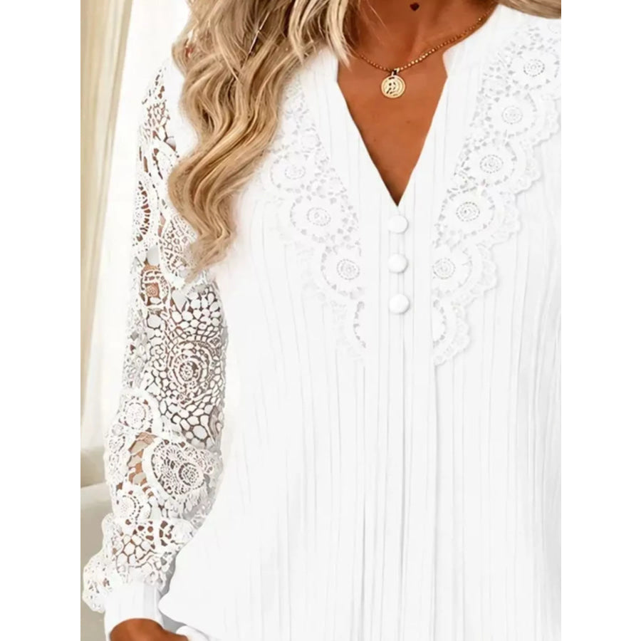 Lace Long Sleeve Notched Blouse Apparel and Accessories