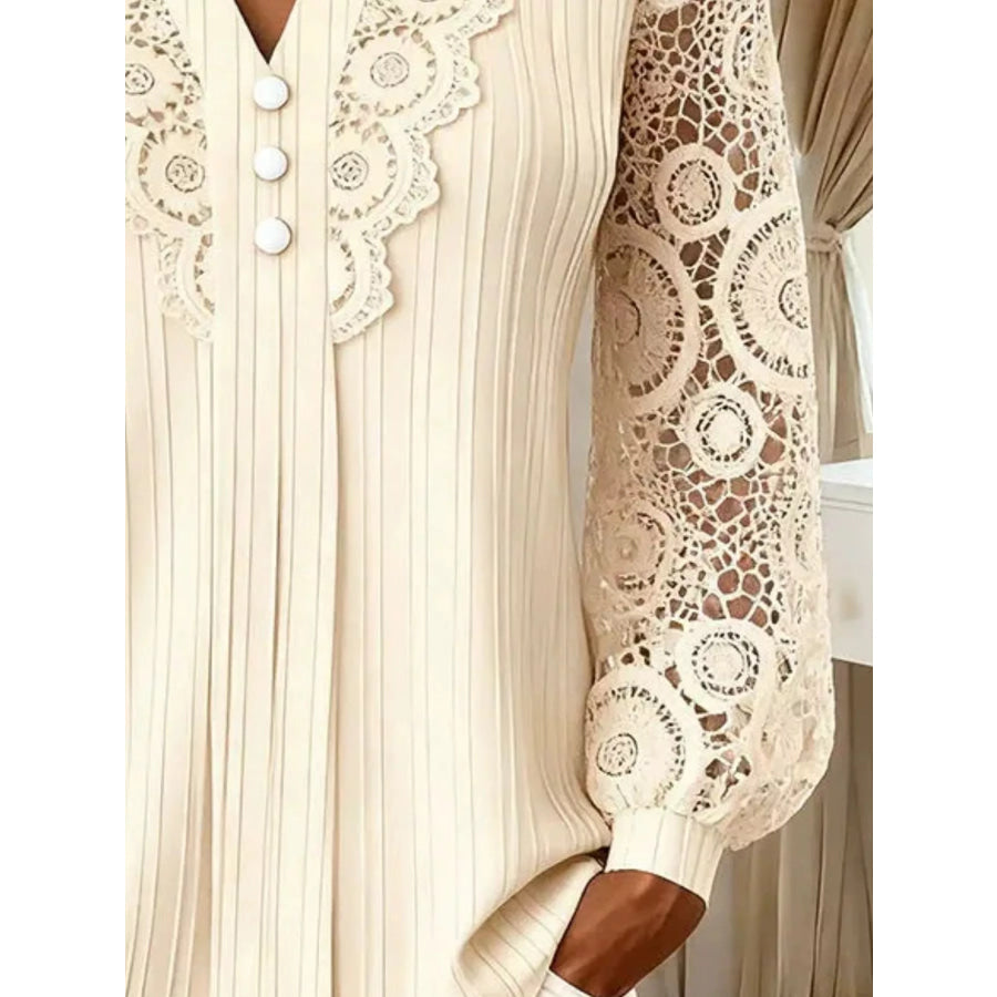 Lace Long Sleeve Notched Blouse Apparel and Accessories