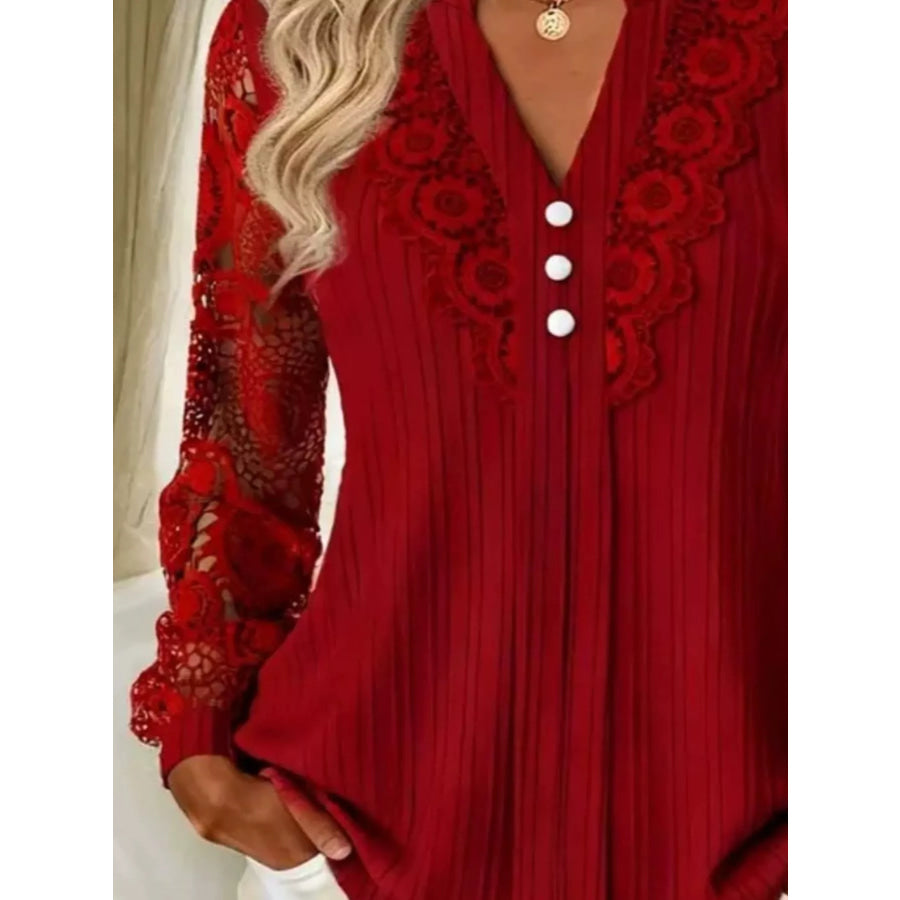 Lace Long Sleeve Notched Blouse Apparel and Accessories