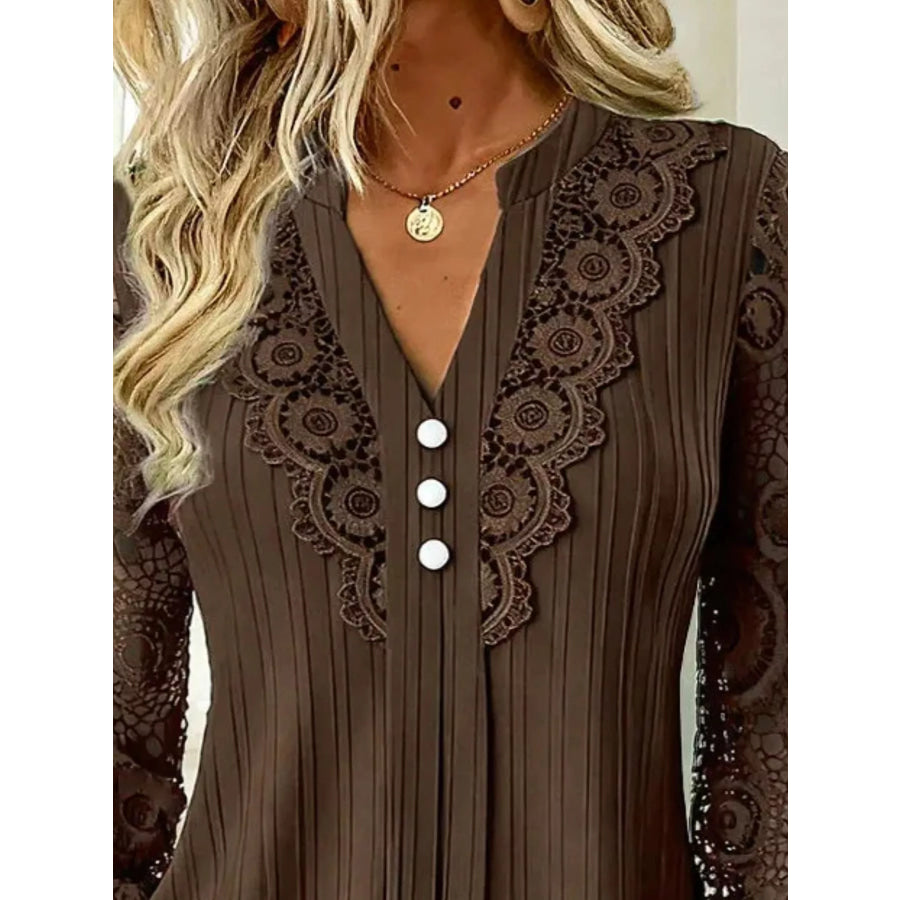 Lace Long Sleeve Notched Blouse Apparel and Accessories