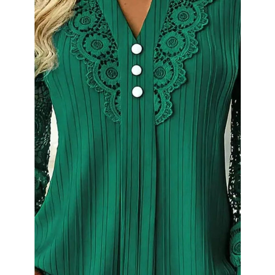 Lace Long Sleeve Notched Blouse Apparel and Accessories