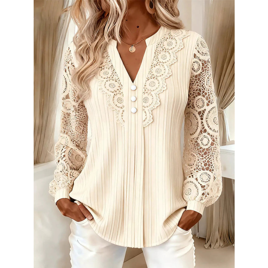 Lace Long Sleeve Notched Blouse Apricot / S Apparel and Accessories