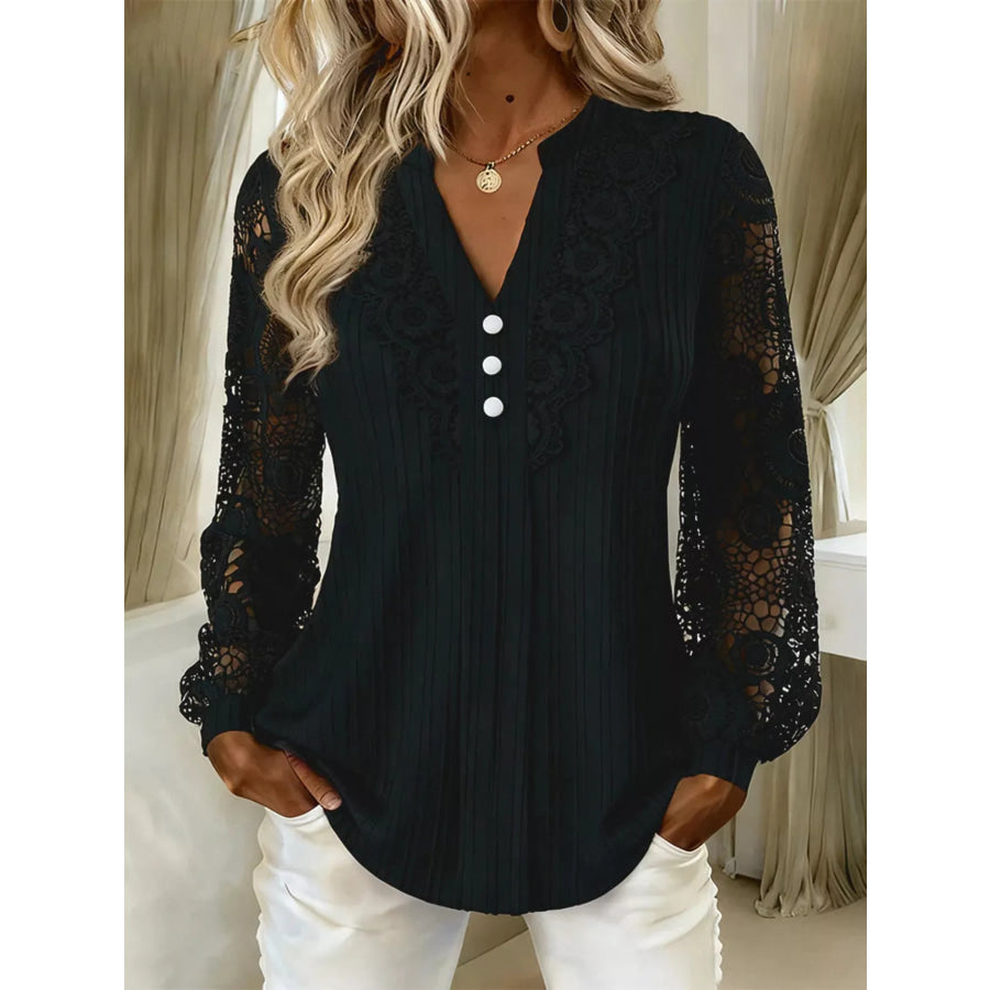 Lace Long Sleeve Notched Blouse Black / S Apparel and Accessories