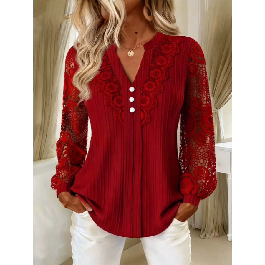 Lace Long Sleeve Notched Blouse Burgundy / S Apparel and Accessories